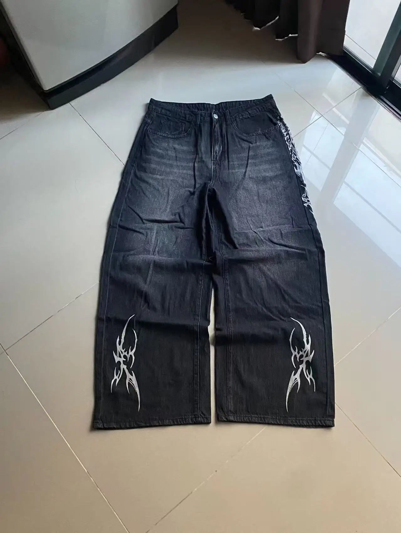 vintage style printing black baggy jeans harajuku trend men women hip hop fashion casual Joker couple Wide-leg pants streetwear