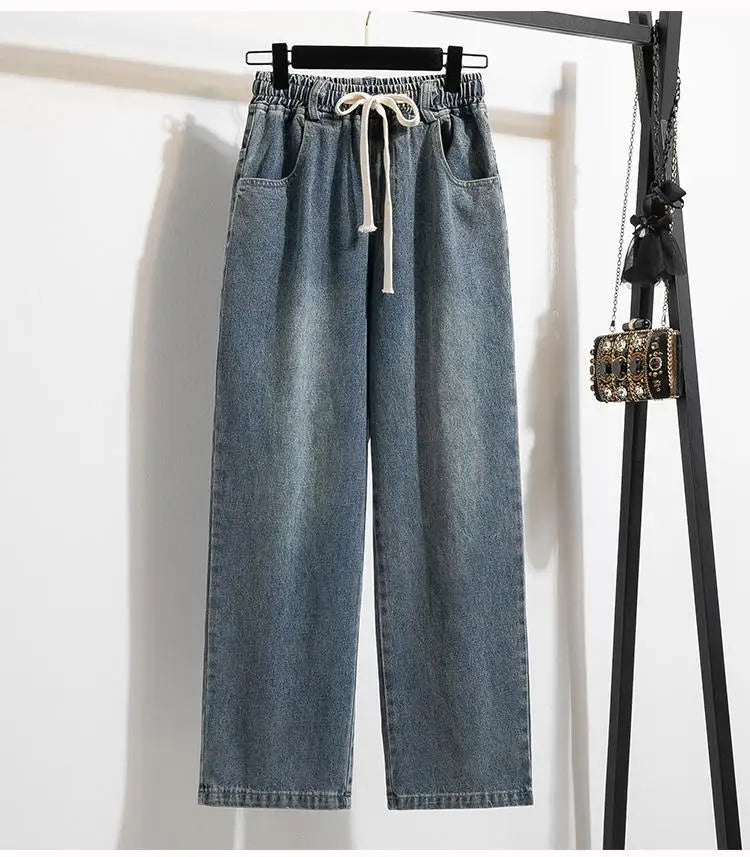 High Waist Wide Leg Cotton Denim Dstring Loose Fit Women's Autumn 2024 Slimming Effect Pure Cotton Casual Trousers