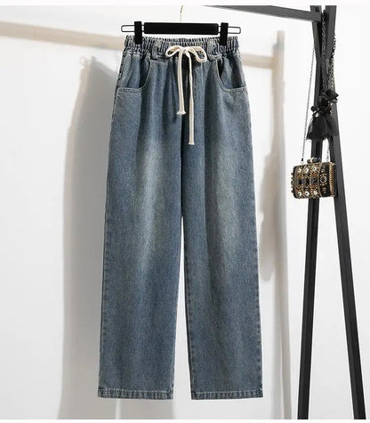 High Waist Wide Leg Cotton Denim Dstring Loose Fit Women's Autumn 2024 Slimming Effect Pure Cotton Casual Trousers