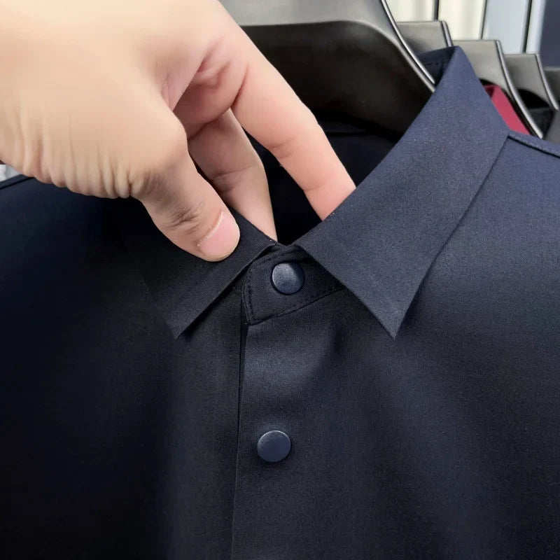 Luxury Quality Men's Polo Shirt No Trace Simple Solid Color Geometric Print Long Sleeve Autumn Lapel T-Shirt Business Menswear