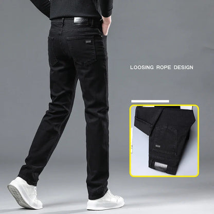 Men's Pure Black Jeans Version Trendy Straight Fit Pants Men's Comfortable  Elastic Classic Business Jeans brand Denim Trousers