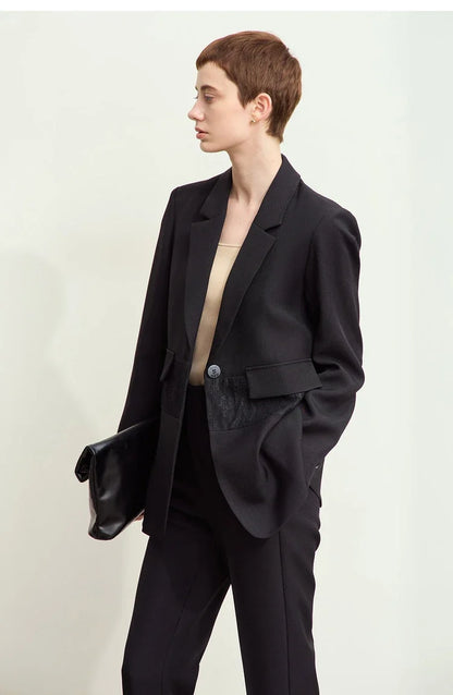 Minimalism 2025 Women's Blazer Autumn New Office Lady Lace Spliced Shoulder Professional Loose Female Notched Tops 12443009