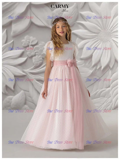 Elegant Long-sleeved Tulle Lace Printing Flower Girl Dress Princess Ball First Communion Dresses Kids Surprise Birthday Present