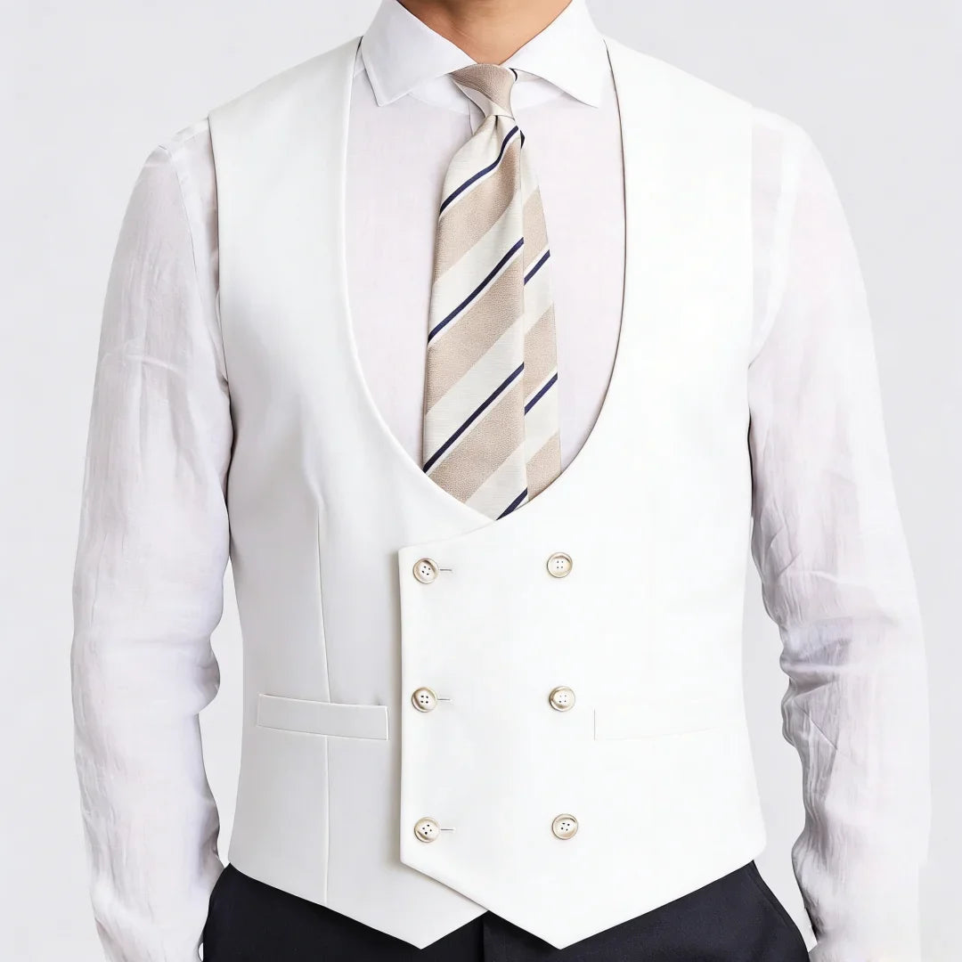 Men Vest White Solid Double Button V Neck Waistcoat For Wedding Party Banquet Business Office Work Daily Casual Men Suit Vest