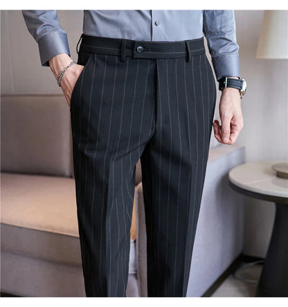 Autumn New Fashion Stripe Men's Suit Pants High Quality Straight Long Classic Business Elegant Slim Fit Casual Trousers 38-29