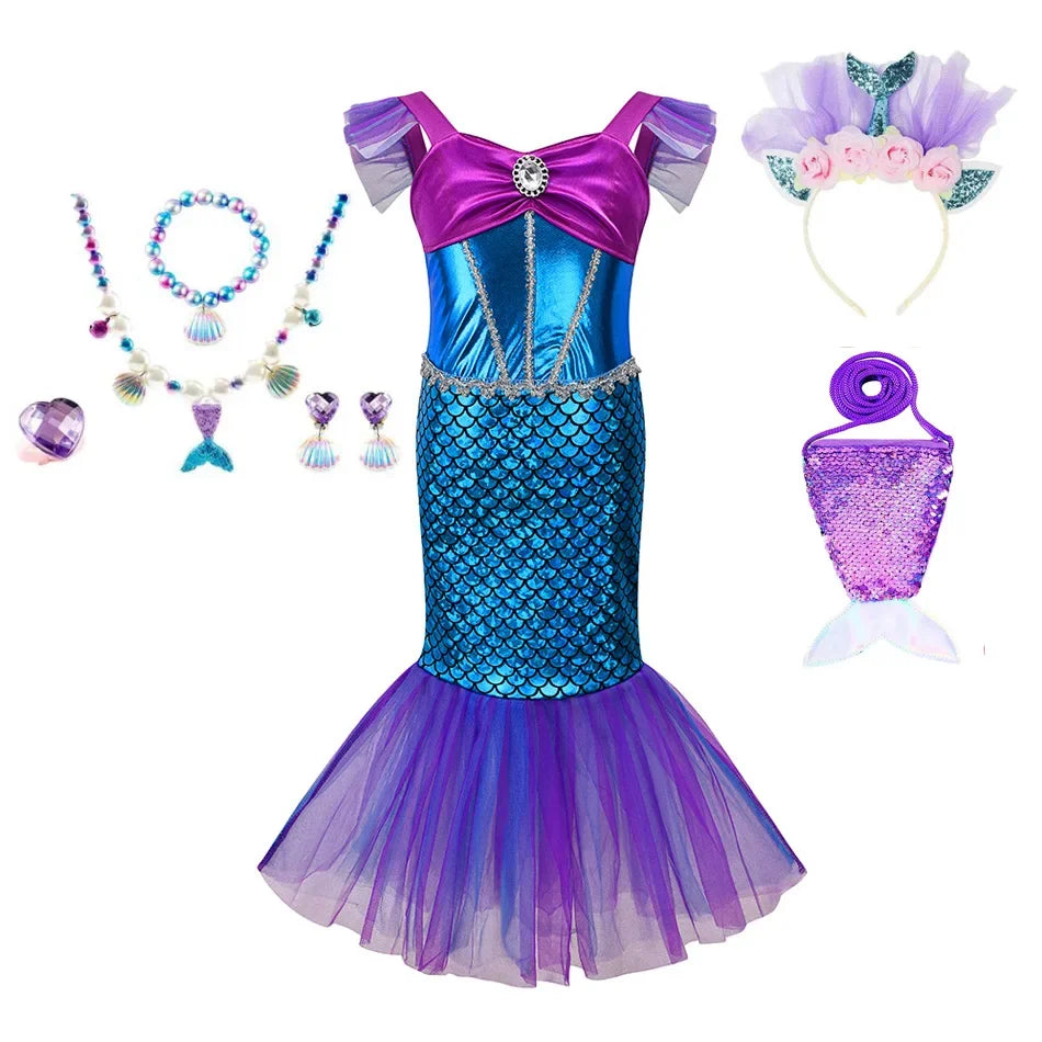 Mermaid Dress Girls Kids Cosplay Dresses Princess Costume Perform Clothes Birthday Party Halloween Clothing