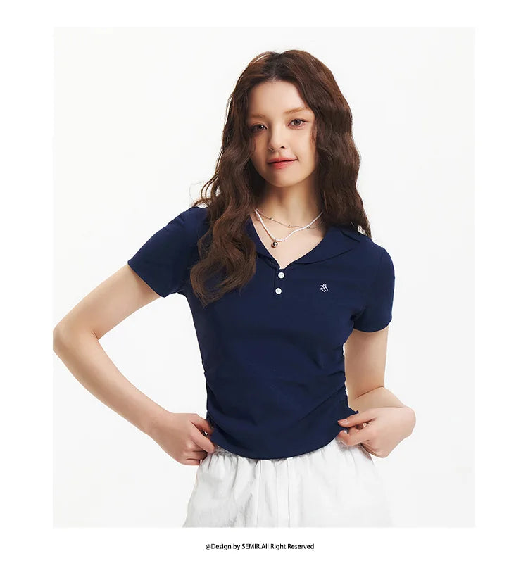Semir Polo Shirt Women Cropped Blazer Collar 2025 New Summer Embroidered Cool Feeling Slim Fit Top Slimming for Chic Outfits