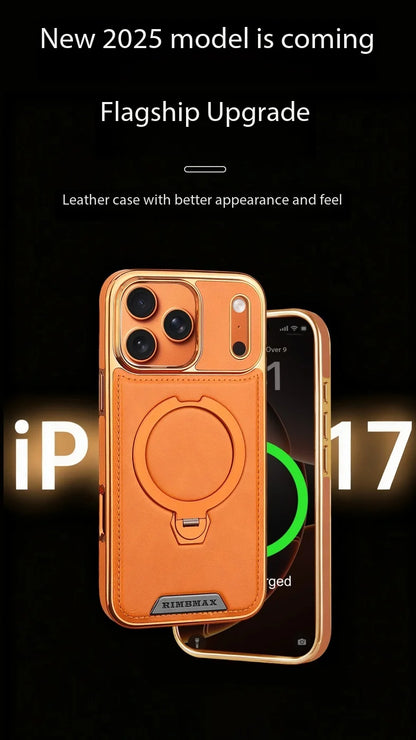 Magnetic Rotat Bracket Luxury Leather Phone Case,For iPhone 11 12 13 14 15 16 17 Pro Max Plus Wireless Charging Shockproof Cover