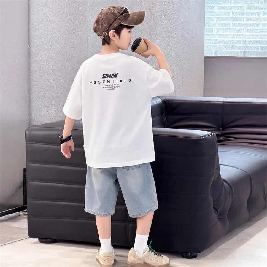 Tween Boys Summer Sets Clothing Child Tshirt Denim Shorts Two Pieces Sports Suit For Kids Teenagers 5 6 7 8 9 10 11 12 13 14 Yrs