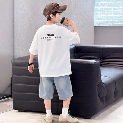 Tween Boys Summer Sets Clothing Child Tshirt Denim Shorts Two Pieces Sports Suit For Kids Teenagers 5 6 7 8 9 10 11 12 13 14 Yrs