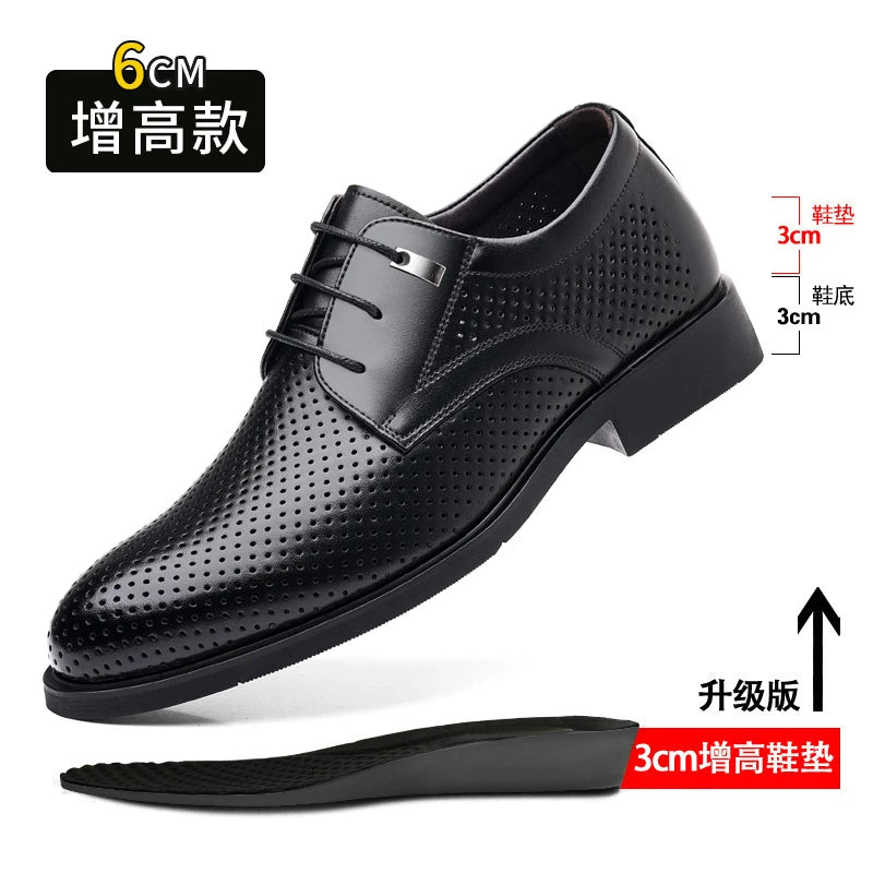Mens Black Genuine Leather Perforated Metal Decor Lace Up Formal Business Office Breathable Summer Shoes Hollow Stylish Simple