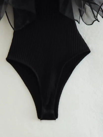 Women Fashion Black Ruffled Bodysuits Vintage O-Neck Sleeveless Female Chic Lady Tight Tops
