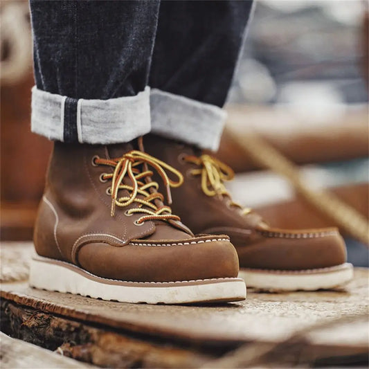 Vintage 875 Ankle Boots Genuine Crazy Horse Leather Round Toe Durable High-Top Lace-Up Boots for Winter Fall Work Shoes