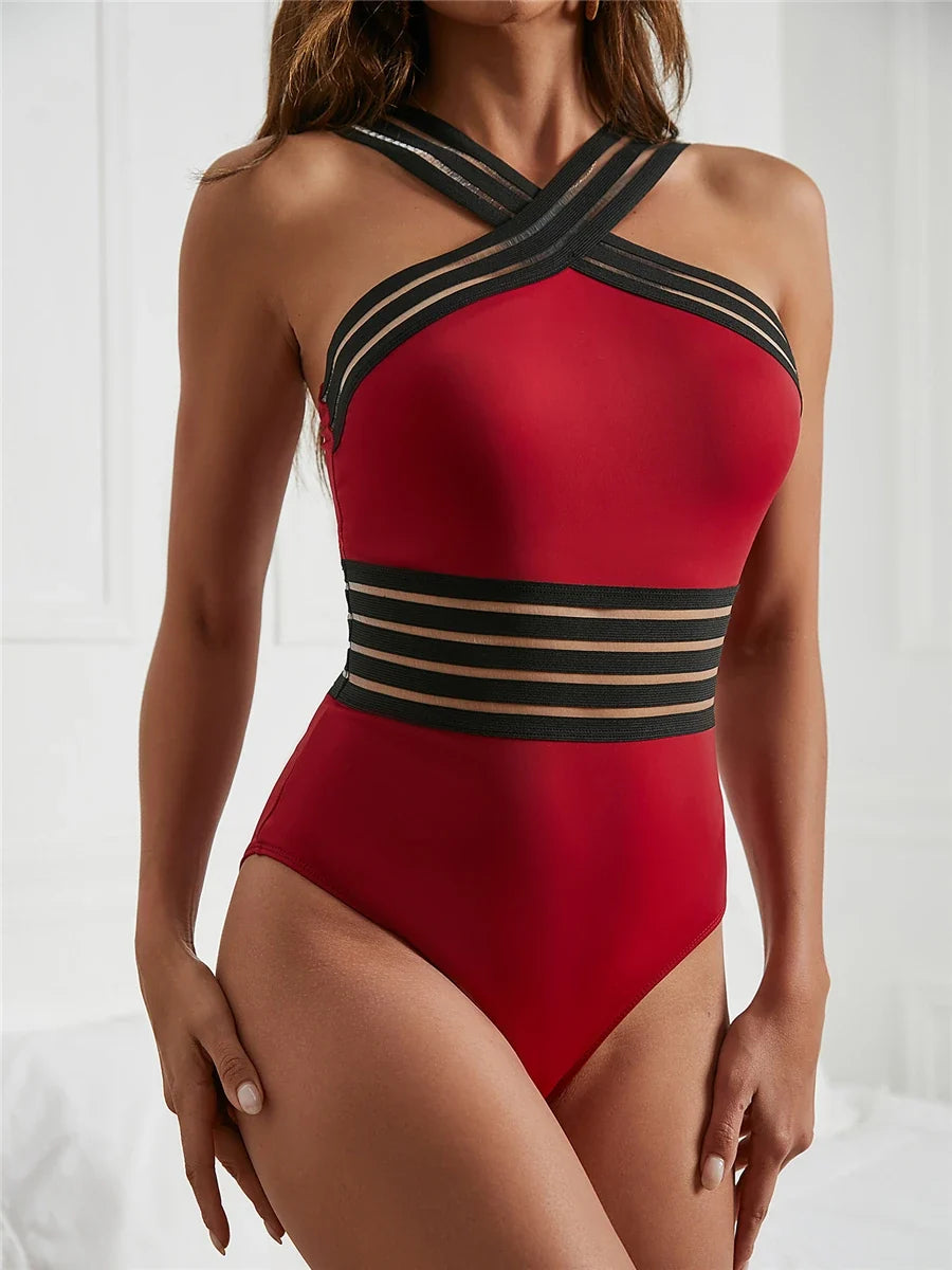 Solid Mesh Tape Swimsuit 2026 One Piece Sexy High Neck Swimwear Women Cross Front Bathing Suit Female Padded Beachwear Bodysuit