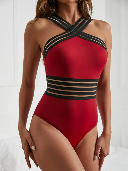 Solid Mesh Tape Swimsuit 2026 One Piece Sexy High Neck Swimwear Women Cross Front Bathing Suit Female Padded Beachwear Bodysuit