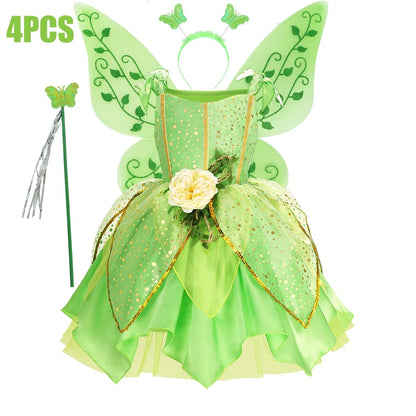 Child Girl Bell Costume Halloween Costume for Kids Green Dress Fancy Fairy Princess Cosplay Carnival Party Ball Gowns with Wing