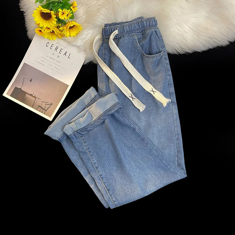 2026 New Spring Summer Men's Baggy Jeans Lyocell Fabric Wide Leg Pants Drawstring Trousers Male City Boy Plus Size S-4 5XL Y2K