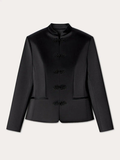 Women's Spring Summer Mandarin Collar Frog Button Cropped Chinese Style Blazer Casual 2026 Trendy Feminine Fashion Coat