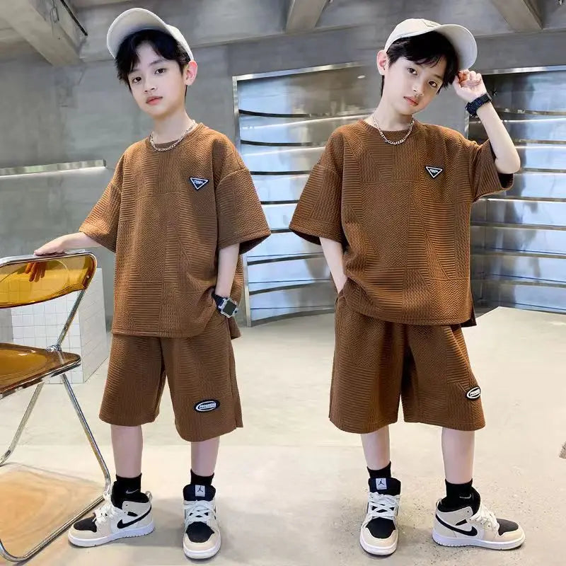 Summer Casual Boys Jacquard Loose T-Shirt Tops+Shorts Pant School Kids 2PCS Tracksuit Child Outfits Student Workout Set 3-14 Yr