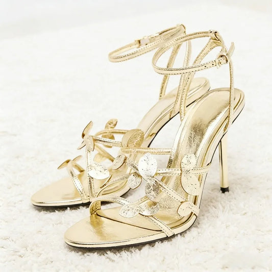 Elegant Gold Leaf Narrow Band High Heeled Sandals Women Fashion Open Toe Ankle Buckle Dress Shoes Luxury Brand Designer Shoes