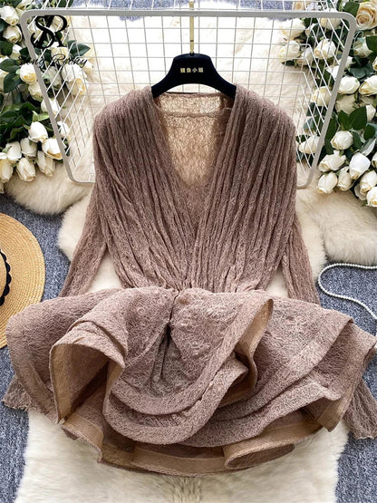 Autumn Streetwear Tops Suits Women O Neck Full Sleeves Thin Sheer Lace Shirts+Sleeveless Outerwear Ruffles Tank Top