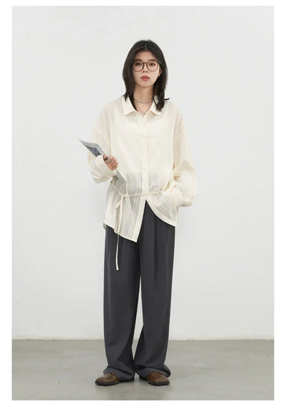 Women Shirt Textured Cotton Striped Waist Shirt Long Sleeves Female Sun Protection Blouses  Spring  Summer 2026