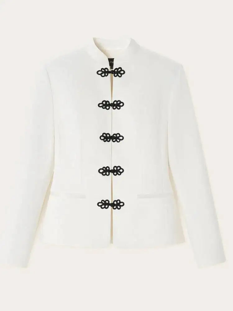 Women's Spring Summer Mandarin Collar Frog Button Cropped Chinese Style Blazer Casual 2026 Trendy Feminine Fashion Coat