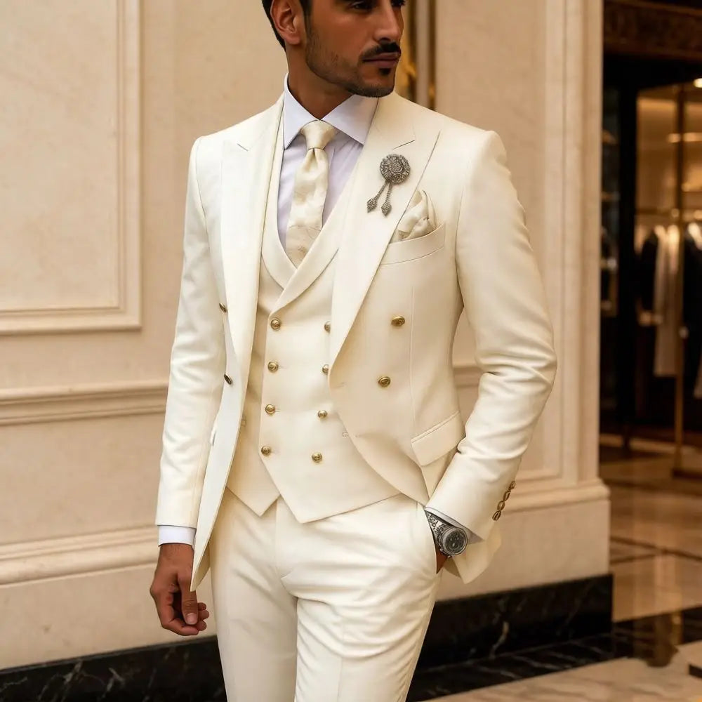 Mens White 3 Piece Suits Double Breasted Waistcoat Wedding Tuxedo Shiny Gold Buttons Luxury Formal Groom Prom Party Celebration