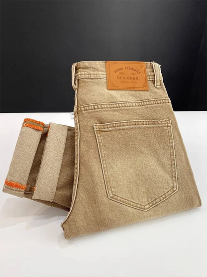 Elegant Slim Fit Men's Jeans Casual Khaki Straight Leg Elastic Fashionable City Style Summer Denim Pants Youth Wear