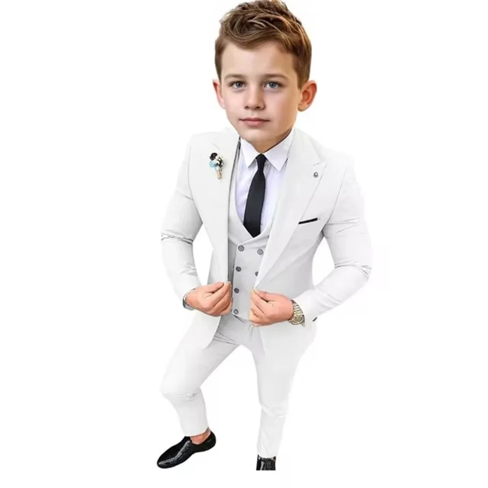 Boys Formal Slim Fit Suits 3 Pieces Holiday Celebration Outfit,Autumn Long Sleeve Kids Peak Lapel Suit Set Wedding Guest Wear