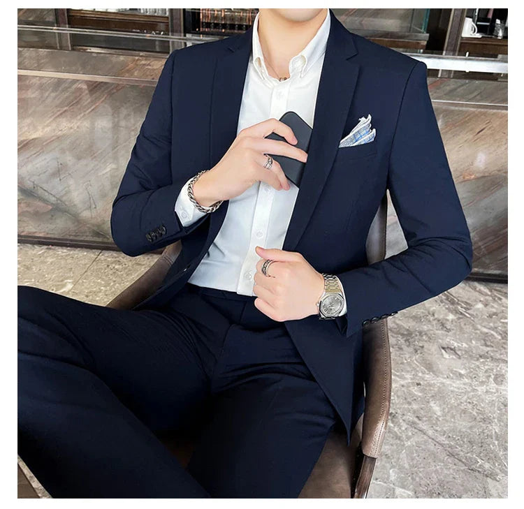 Men's Stylish Handsome Solid Color Suit Two-Piece Set M-4XL High Quality Formal Casual Banquet Fit Trousers Included