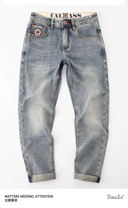 New Washed Light Blue Polished Cargo Jeans Men's Summer American Trendy Brand Small Straight Retro Casual Youth Trousers