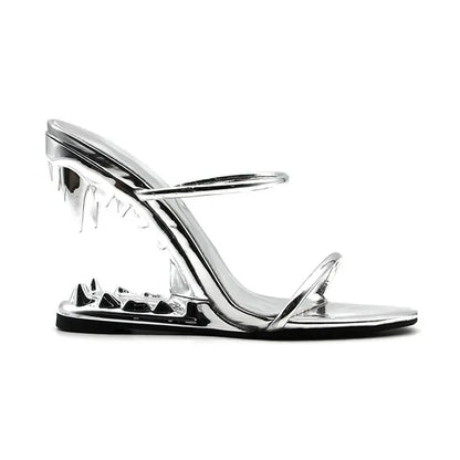 Big Gold Chain Peep Toe Tiger Teeth Heel Sandals 2024 New Fashion Silvery Beach Party Outdoors Women's Slippers Size 35-43