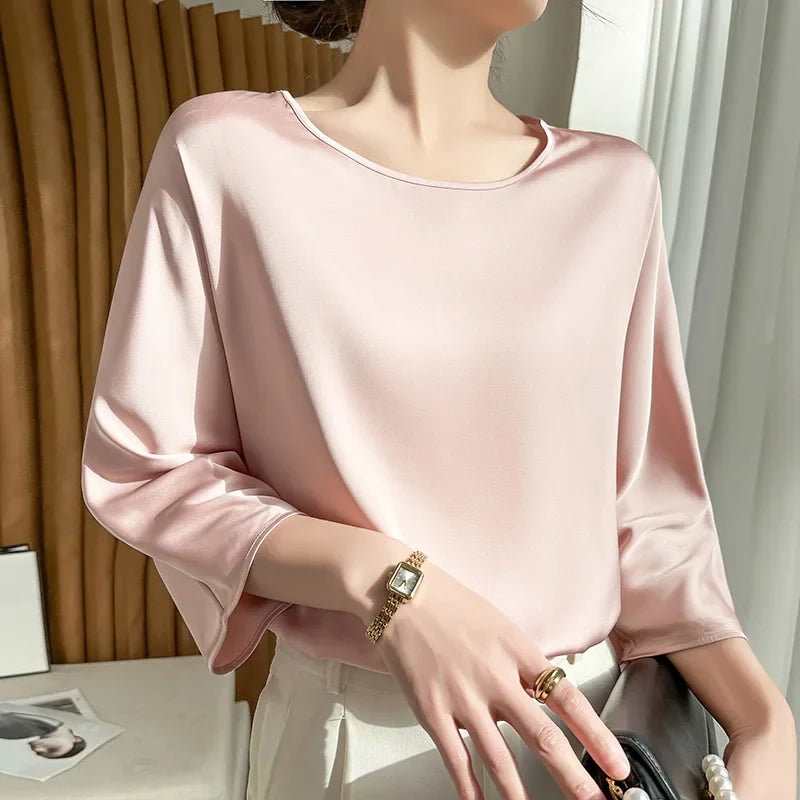 Summer New Short-Sleeved Acetic Acid Satin Round Neck Loose Joker T-Shirt Women's Mid-Sleeve Five-Point Sleeve Jacket Short
