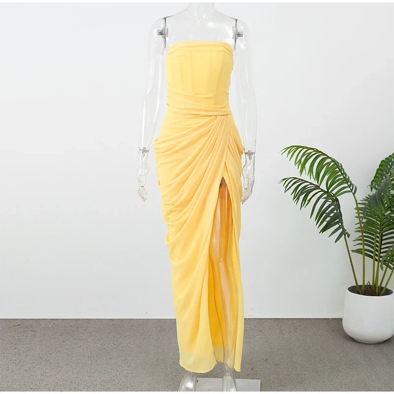 Lady Sexy Strapless Split Solid Pleated Dress Women Chic Backless High Waist Off-shoulder Dresses 2026 New Evening Party Gowns