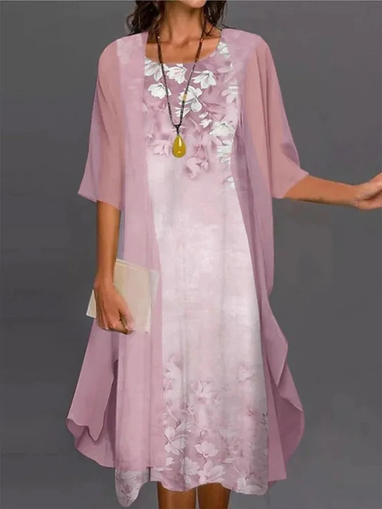 2024 Europe and the United States summer women's casual dress two-piece floral print round collar repair maxi