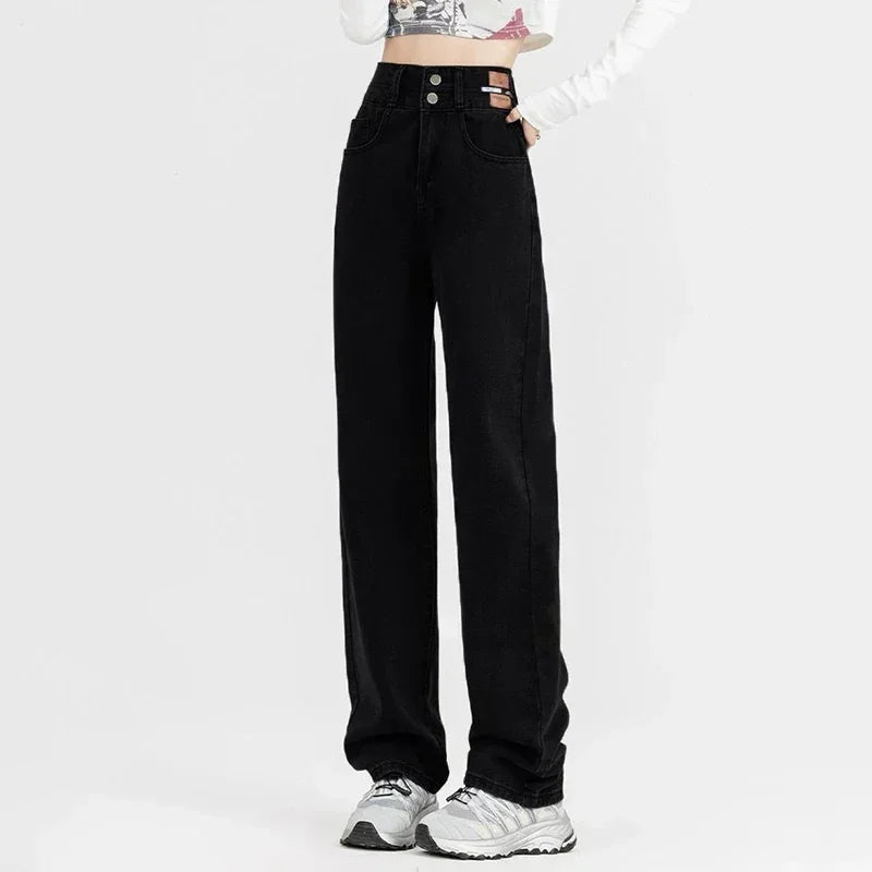 New Woman Korean Double Buckle Design Jeans Female Winter Snow Warm Thermal Plush Pants Girls Popular High Waist Denim Trousers