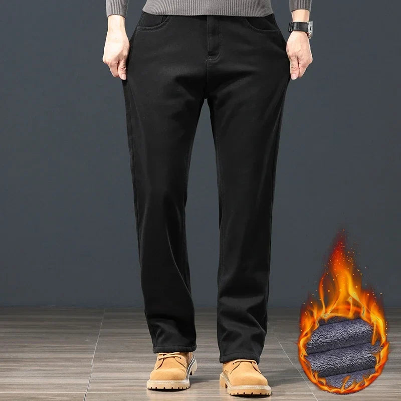 Winter Men's Fleece Warm Jeans Classic Black Plush Loose Straight Business Casual Pants Thermal Male Clothing 40 42 44