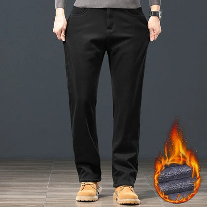 Winter Men's Fleece Warm Jeans Classic Black Plush Loose Straight Business Casual Pants Thermal Male Clothing 40 42 44