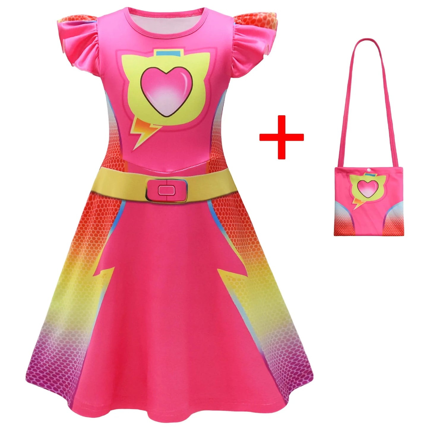 Children's SuperKitties Dresses Super Kitties Cosplay Costume Girls Flying Sleeves A-Line Dress Bag Mask Carnival Birthday Gift