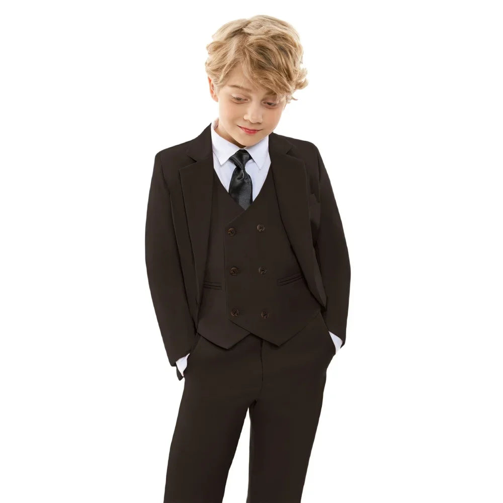 Classic Brown Flower Boy Blue Wedding Outfit Set Kids' Formal Piano Host Piano Performance Blazer Suit Baby's Birthday Ceremony