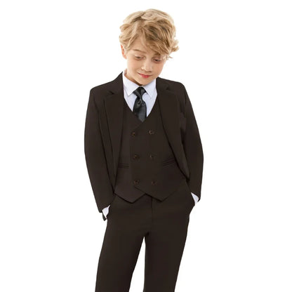 Classic Brown Flower Boy Blue Wedding Outfit Set Kids' Formal Piano Host Piano Performance Blazer Suit Baby's Birthday Ceremony