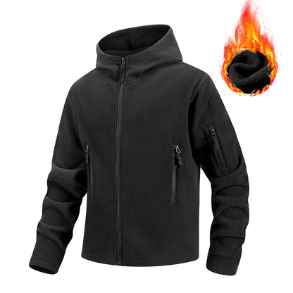 Men's Hiking Tactical Fleece Full Zip Hooded Jacket Multi-Zipper Pockets Design Autumn Winter Warm Outdoor Sports Coat for Men