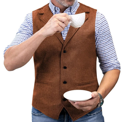 Men Vest Brown Herringbone Single Button With Lapel Waistcoat For Wedding Party Banquet Prom Business Work Casual Daily Men Vest