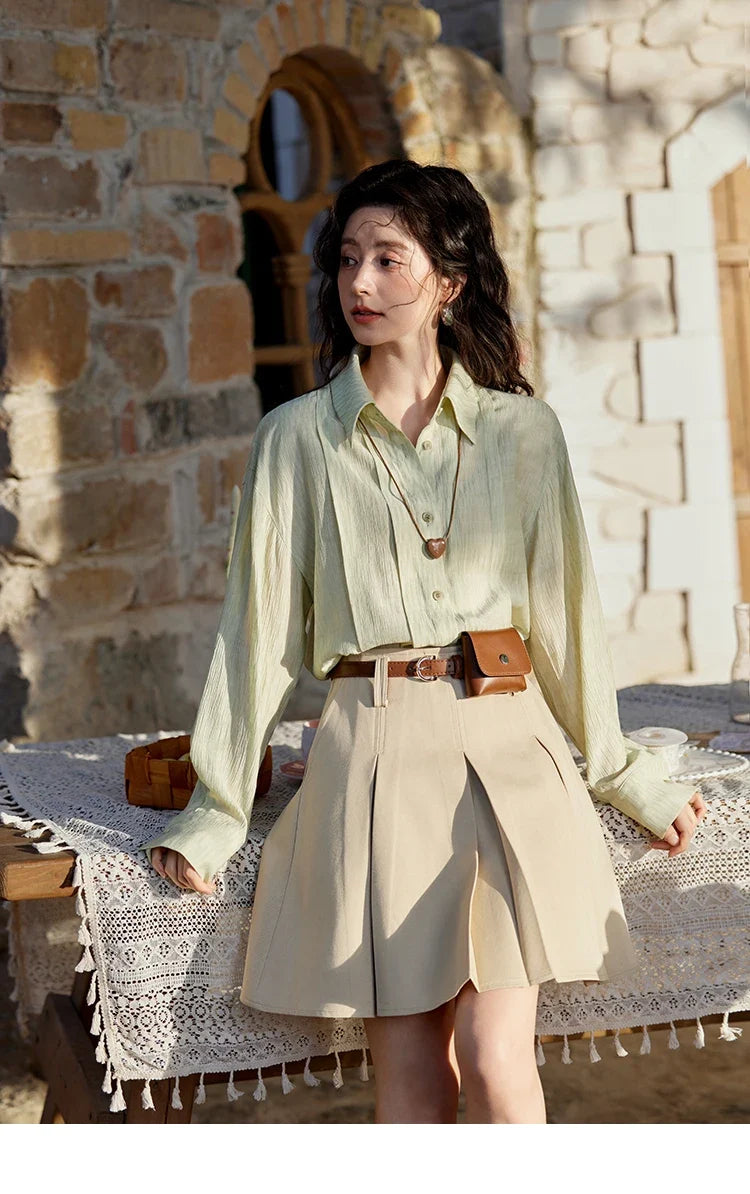 Solid Loose Fit Shirt for Women Spring 2025 Dropped Shoulder Long Sleeved  Top Casual Turn-down Collar Shirts MXE13C0405