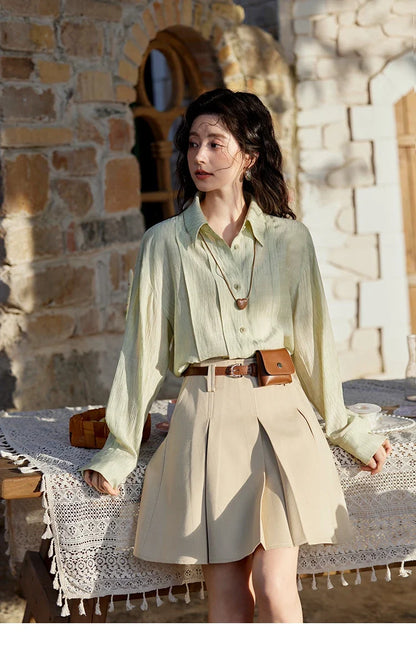 Solid Loose Fit Shirt for Women Spring 2025 Dropped Shoulder Long Sleeved  Top Casual Turn-down Collar Shirts MXE13C0405