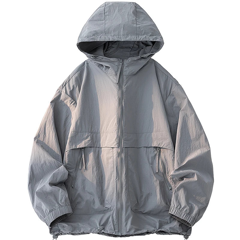 UPF50+ Men's Hooded Sunscreen Jacket Summer Ultra Thin Zipper Pocket Windbreaker Elastic Cuffs Outdoor Hiking Fishing Skin Coats