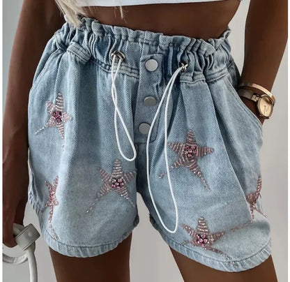 Denim Shorts for Women Streetwear Fashionable and Casual Rhinestone Versatile Y2k Cowboy Half Pants for Female Summer 2024 New
