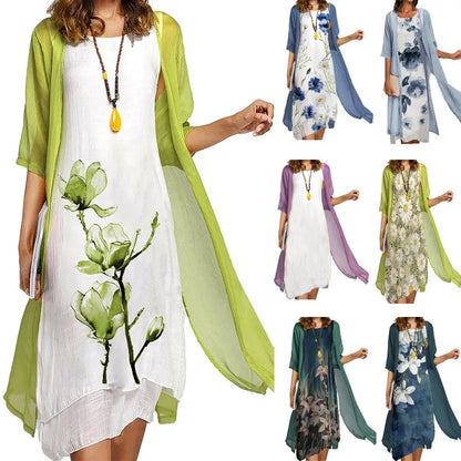 2025 new! Eu-us Summer Women's casual elegance 2 printed crew-neck loose dress sweater coat set