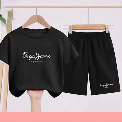 Summer T-shirt Children Short Sleeve Age 3-12 Girls Boy Set White Tshirt+Shorts 2pcs Youngster Cool Refreshing Kids Print Set